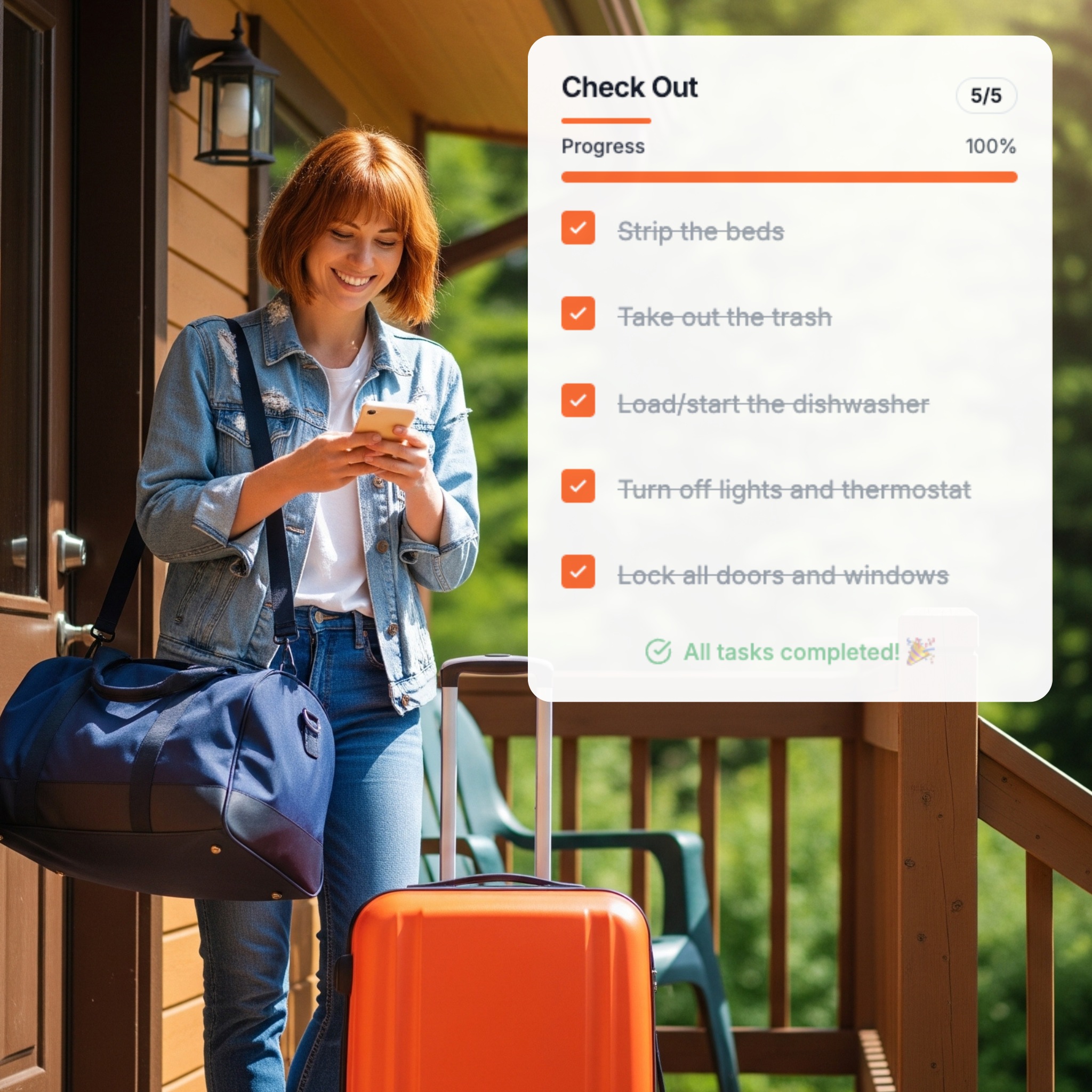 Happy guest using Listy checkout list on mobile phone with luggage