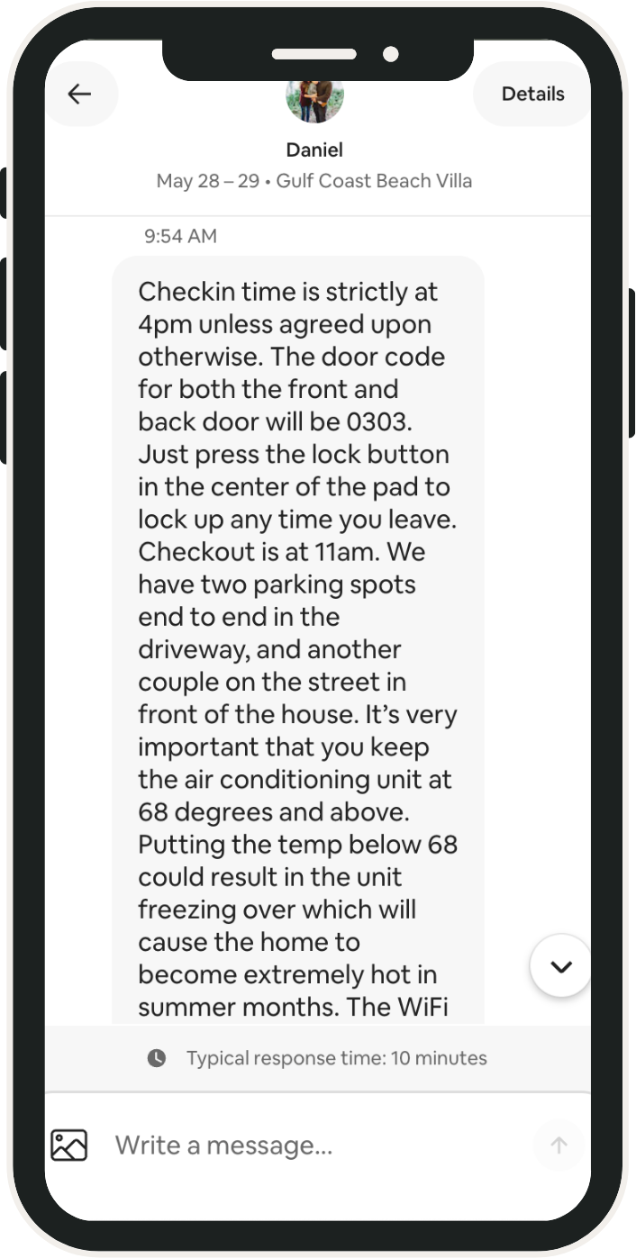 Phone showing overwhelming wall of text instructions about check-in times, door codes, parking, and AC settings