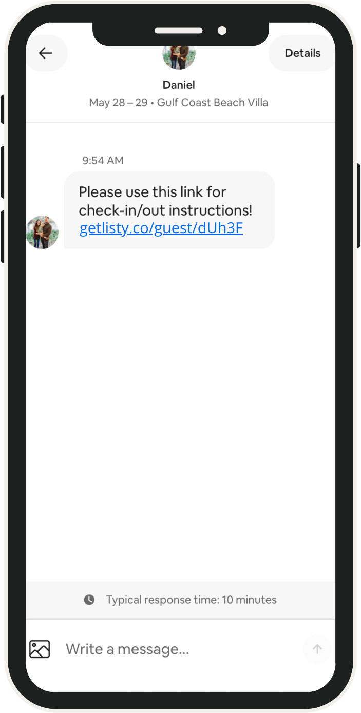 Phone showing simple message with clean Listy link for check-in/out instructions